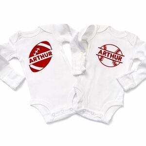 Personalized White Baby Onesies with Red Sports Design